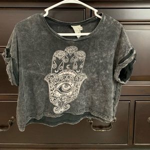 Dark Gray Bleached Crop Top w/ Hamsa Hand